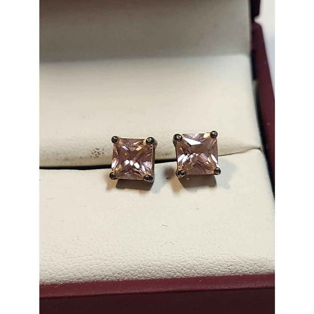 Sterling Silver Pink Square CZ Stud Earrings